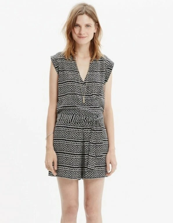 Madewell 100% Silk Kimono Romper in Tidalwave Print Size Small S Black White - Image 1 of 4