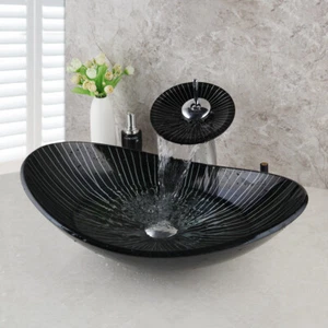 Oval Black Bathroom Glass Vessel Sink Wash Basin Waste Pop-up Drain No Tap - Picture 1 of 5