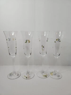 Oneida Hand Blown & Painted Flowers Wine Champagne Glasses Large Set 4. - Image 1 of 4