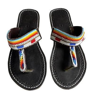 Sandalias chanclas de cuero con cuentas artesanales de cebra para mujer 41 multicolor Foto 1 de 4