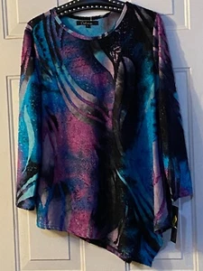 NWT Calessa Sz L Burnout Knit Tunic Long Sleeve Multi Abstract Asymmetric Hem - Picture 1 of 11