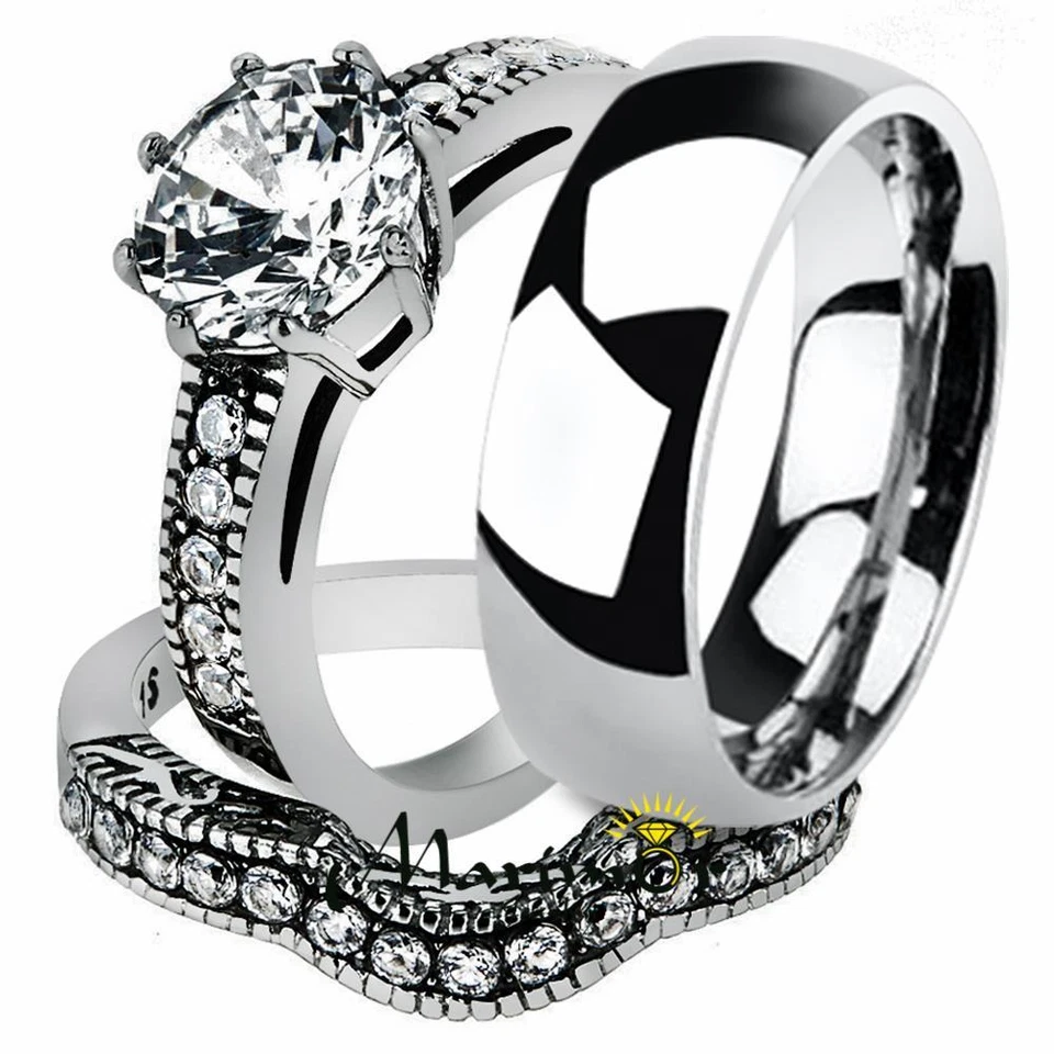 Conjunto nupcial vintage de acero inoxidable para mujer y alianza de boda clásica para hombre His & Hers Foto 1 de 1