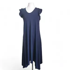 Ann Taylor V Neck Ruffle Flutter Sleeve Midi Maxi Dress Size XS Petite Navy Blue - Picture 1 of 12