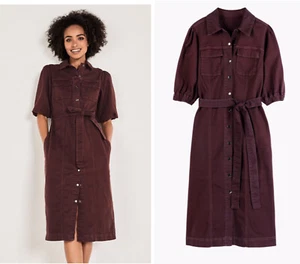 HUSH Utility Dress Denim Midi Burgundy Lauren button down 80s 90s Berry Uk 12 M - Picture 1 of 10