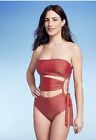 Women's Bandeau Cut Out One Strapless One Piece Swimsuit -Red Large. Rust
