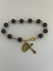 Men's Black Onyx Gold Tone Rosary Bracelet ~ 8 1/2" (GP850) - Picture 1 of 3