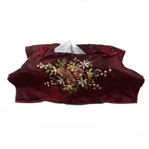 French Country Satin Embroidered Maroon Tissue Box Cover - Picture 1 of 1