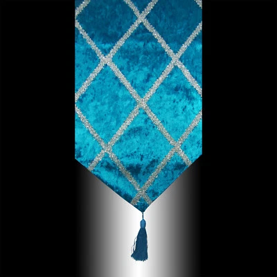 SHINY BLUE THICK VELVET CROSS SILVER DECO TASSELS WEDDING BED TABLE RUNNER CLOTH - Image 1 of 2