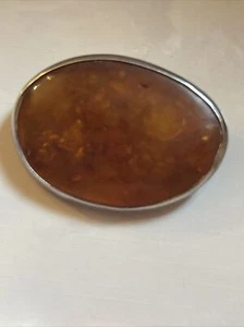 Oval True Antique Brooch Genuine Sterling Silver 835 With Real Amber Stunning - Picture 1 of 8