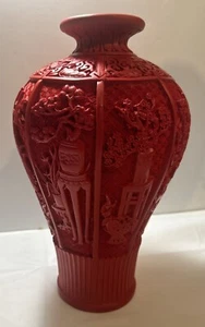 Jarrón Tixi tallado cinabrio rojo resina china de colección años 90 12 X 6,75" CE13 - Imagen 1 de 8