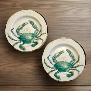 2 Tommy Bahama 11" Dinner Plates Melamine Turquoise Crab Nautical Ocean Beach - Picture 1 of 4