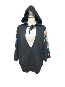 Sudadera con capucha vintage Lucky Brand para mujer XL negra floral mangas kimono cuello en V - Imagen 1 de 5