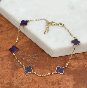 14K Yellow Gold Amethyst 7mm Flat Flower Design Chain Station Bracelet 7" - Picture 1 of 6
