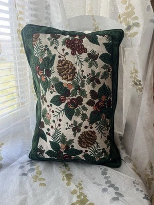 Floral Embroidered Pinecone Decorative Pillow with Green Border, Vintage - Image 1 of 4