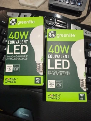 2 PACK GREENLITE 40W LED A19 3000K LIGHT BULBS  Energy Used: 6W 480 Lumens - Image 1 of 4