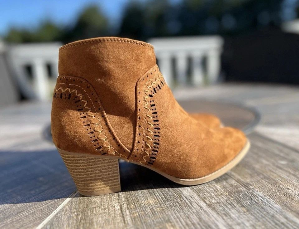 Qupid ботильоны женщин размер 8 коричневый блок каблук вышитый искусственной замши богемное West - Изображение 1 из 4