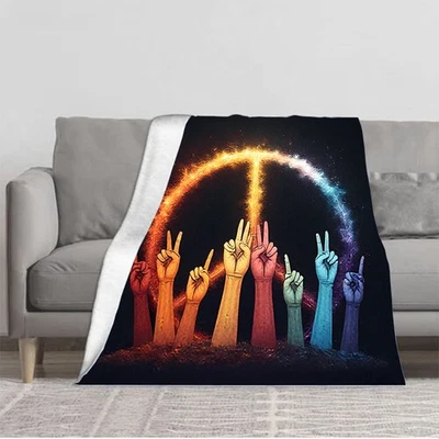 Durable Soft and Warm Flannel Blanket - Cozy Rainbow Peace Sign Design for Sofa - Image 1 of 4