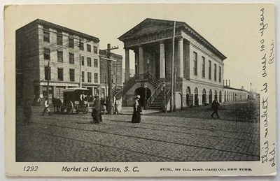 Antique 1905 Charleston SC Market Postcard Cobblestone Street Black & White - Image 1 of 2