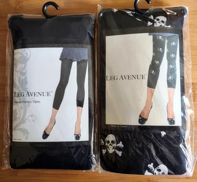 Leg Avenue Lot of 2 Opaque Footless Tights Plain Black 7876 Black w/ Skulls 7880 - Image 1 of 4