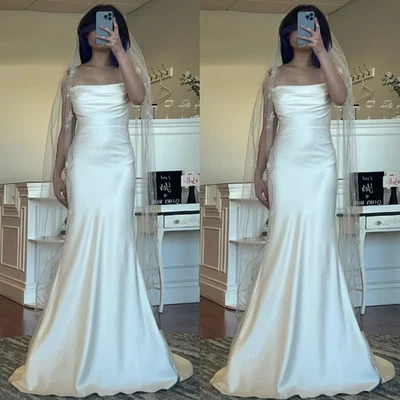 Vestidos de novia de satén de sirena novia fruncido tren de barrido simple vestidos de novia Foto 1 de 4