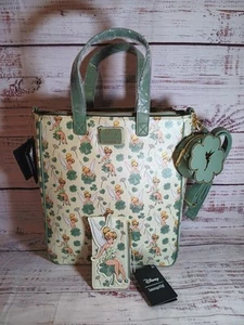 Loungefly Peter Pan Tinker Bell Clover All-Over Tote Crossbody Bag Card Holder - Picture 1 of 13