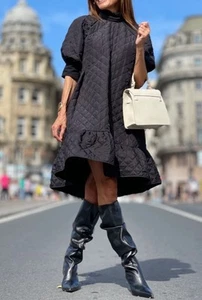 Marielle Almelo Quilted Sarah Dress One Size Black Stylish Modern Puff Sleeve - Picture 1 of 14