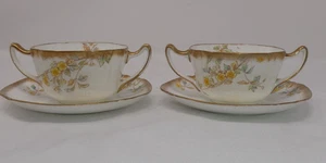 2 ANTIQUE ADDERLEY ENGLAND FLOWERS BONE CHINE PORCELAIN 2 HANDLES CUPS & SAUCERS - Picture 1 of 9