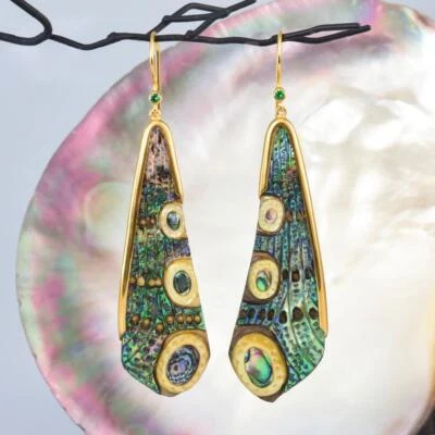 Dragonfly Wing Earrings Abalone Carving Gold Vermeil Sterling & Emerald 10.81 g - Image 1 of 4