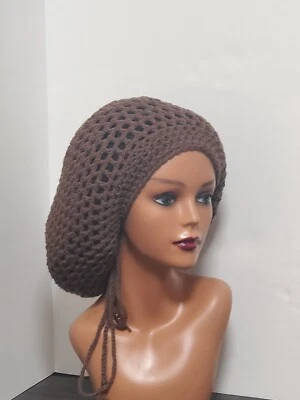 Hecho a mano marrón Crochet Dreadlock Tam con cordón Slouchy Hat Foto 1 de 4