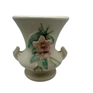 McCoy Vintage Ivory Ceramic Vase Pink Floral Relief Design & Dual Side Handles - Picture 1 of 5