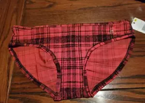 NWT BETSEY JOHNSON ROUCHED BACK BIKINI SLINKY KNIT PANTIES 721802 RED PLAID M - Picture 1 of 2