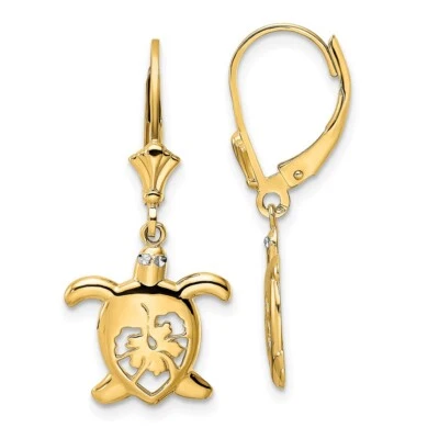 Real 14kt & White Rhodium Diamond Cut Floral Turtle Leverback Earrings - Image 1 of 4