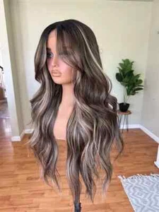 100% Human Hair Long Blonde Wig Black Ash Highlights Lace Front Wigs Body Wave - Picture 1 of 8