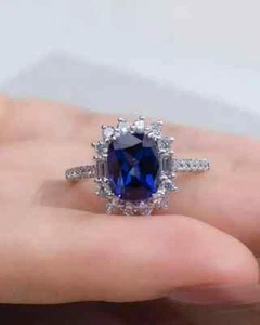 4.60 Ct Cushion Cut Natural Sapphire Diamond Wedding Ring 14K White Gold Size 6 - Picture 1 of 5