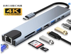 8in1 USB-C 3.1 To Type-C USB 3.0 Hub HDMI RJ45 Ethernet Micro SD TF OTG Adapter - Picture 1 of 5