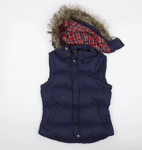 Brave Soul Women's Blue Puffer Waistcoat XS Fur Hood - Picture 1 of 12