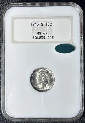 1945 S Mercury Dime NGC MS67 Old Fatty Holder CAC  OGH Choice - Image 1 of 2