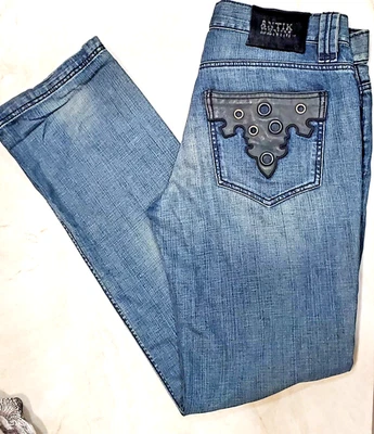 Vintage Antik Denim Jeans Size 32 Blue With Grey Mens Genuine Leather Appliqué - Image 1 of 4