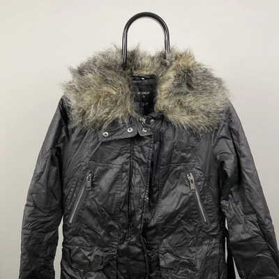 Next Womens Outerwear Coat Black Parka Jacket Fur Hooded Size UK 8 - Image 1 of 4