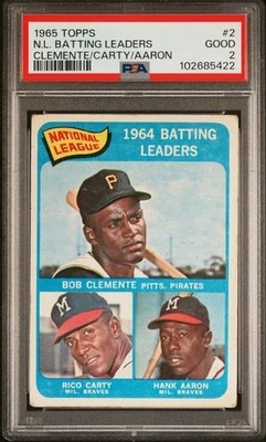 NL BATTING LEADERS 1965 TOPPS BASEBALL CARD #2 PSA 2 GOOD ROBERTO CLEMENTE AARON - Image 1 of 2