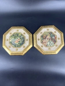 Vtg Wood Octagon Florentine Wall Art Plaques Gold Set of 2 Made in Italy 8”x 8” - Picture 1 of 15