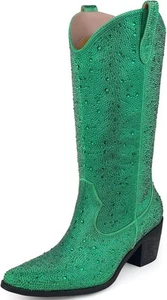 Women’s Rhinestone Cowboy Boots Mid Calf Pointed Toe Sparkly Block Heel...  - Picture 1 of 76