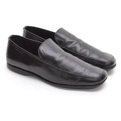 Men Prada Signature Square Toe Loafers US 8.5 M Black Box Leather Slip On Shoes - Image 1 of 4