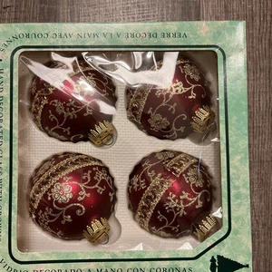 Beautiful Set Of 4 Kreb Glass Ornaments Dark Red In Original Box Vintage - Picture 1 of 7