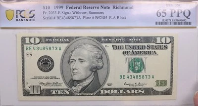 1999 $10., Federal Reserve Bank Note., PCGS CU-65., PPQ., GFRB082 - Image 1 of 2