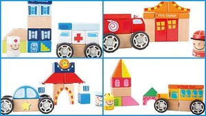Set Costruzioni Legno Mattoni Ambulanza Polizia Vigili del Fuoco Scuolabus Giocattolo Bambini NUOVO - Foto 1 di 9