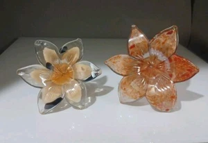 Glass Flowers Peach Orange/ Red Orange Art Glass Made In The Style Of Murono - Picture 1 of 4