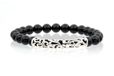 UOMO Gemma Bracciale 8MM Onice Nera Massiccio 925 Argento Filigrana Ciondolo - Immagine 1 di 4