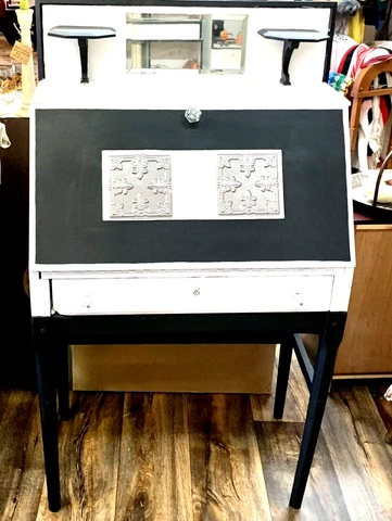Antique Drop Front Writing Desk With Original Oil Lamp Pedestal And Mirror Cover