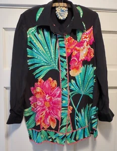 DIANE GILMAN 100% Silk Black Floral Print Blouse L - Picture 1 of 6